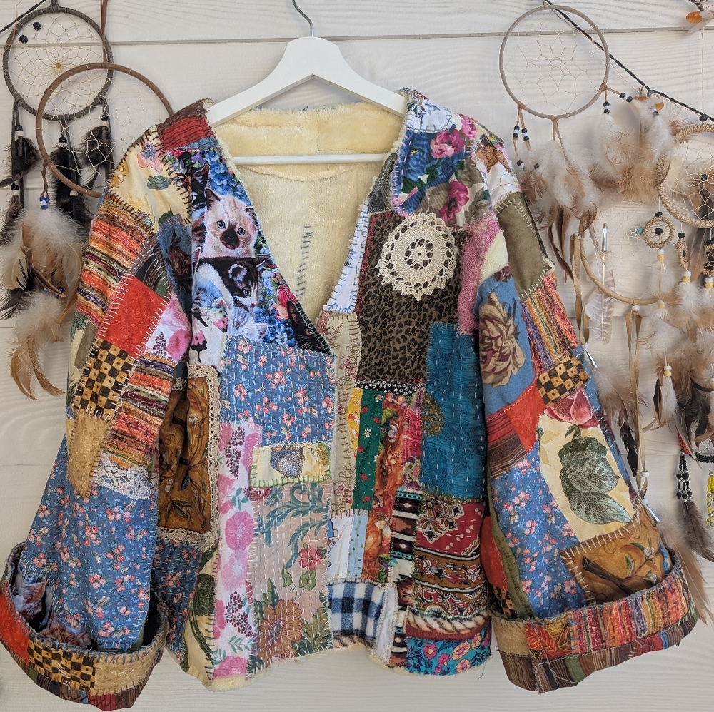 Handmade Boho Hippie Handstitched Patchwork Jacket Upcycled Appliqué Oversized - Picture 4 of 14